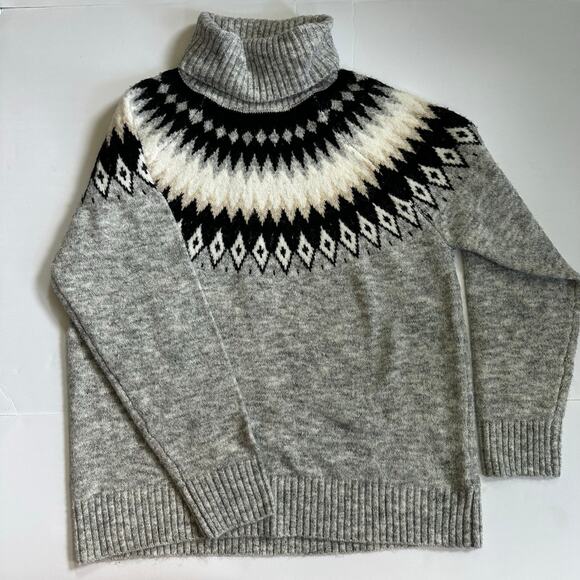 ASPEN Gray Fair Isle Wool Blend Lightweight Turtleneck Sweater Size XL Ski Cozy - Picture 1 of 7